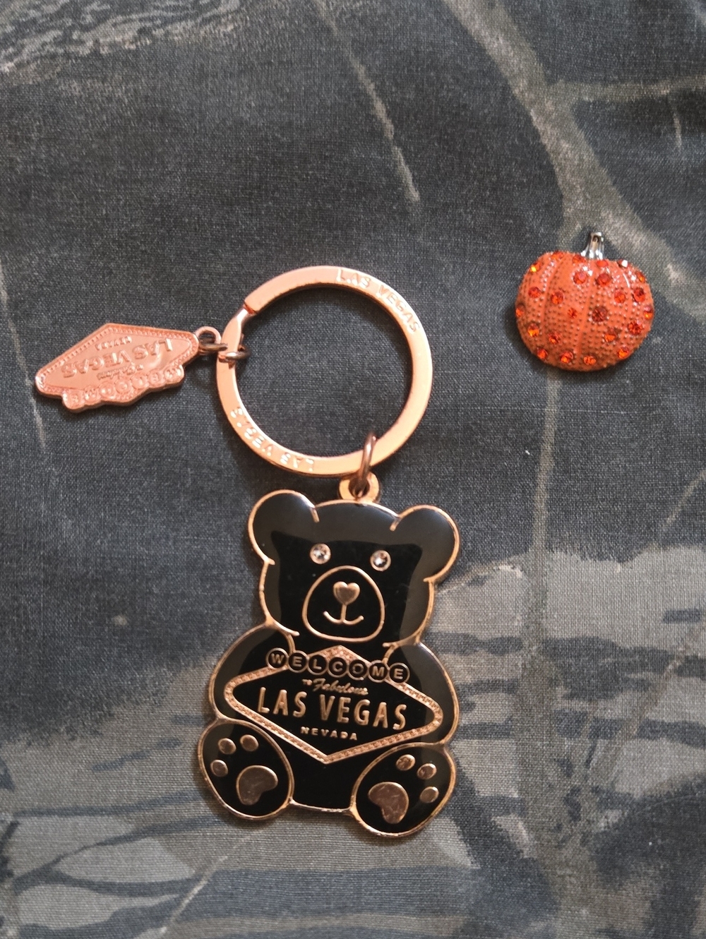 Las Vegas Rose Gold & Black Teddy Bear Keychain & Rhinestone Pumpkin Pin